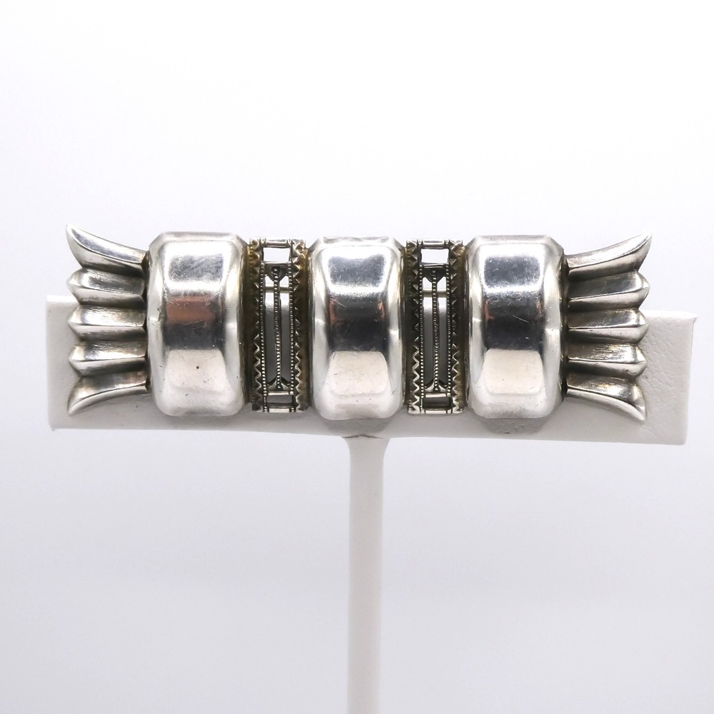 Art Deco Sterling Silver 925 Bar Brooch Pin 2.3" Long Vintage Signed Abstract
